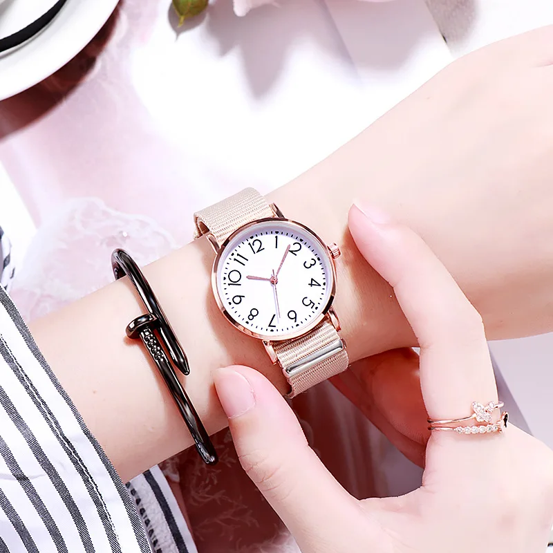 Женские кварцевые наручные часы с холщовым ремешком, подарок для девушек, модные нарядные часы, женские часы, повседневные женские часы, relogio femenino - Color: beige