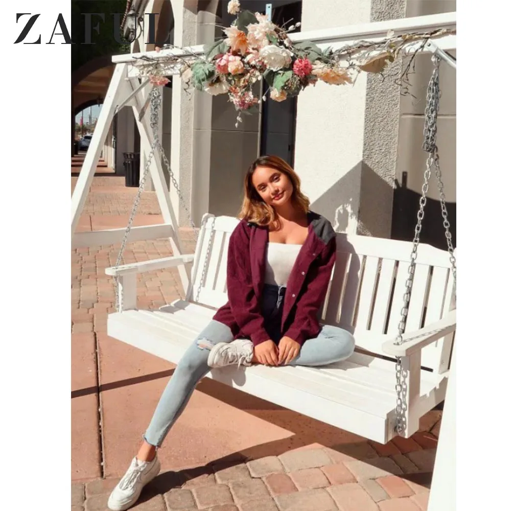 ZAFUL X Alexis Ricecakes контрастная Вельветовая куртка с капюшоном на кнопках с двумя карманами, Женская Лоскутная куртка с капюшоном, уличная одежда