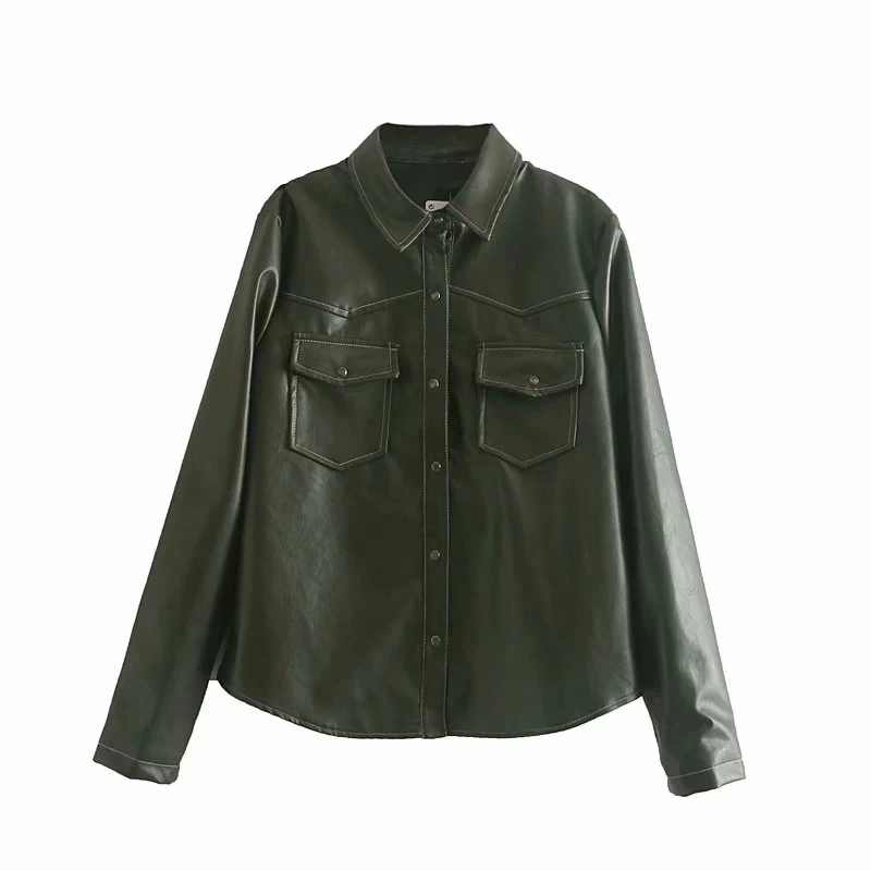 Autumn Solid color Women Faux Leather blouse Single breasted Loose Female PU jacket Turn Down collar coats Chic YNZZU YO981