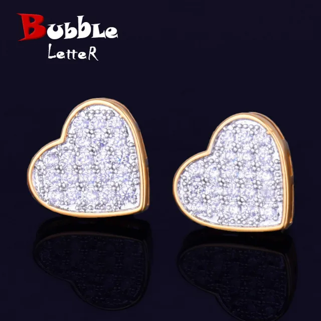 14MM Width Heart-shaped Gold Color Stud Earring For Men Women Full Cubic Zircon Screw Back Earrings Fashion Hip Hop Jewelry Gift 1