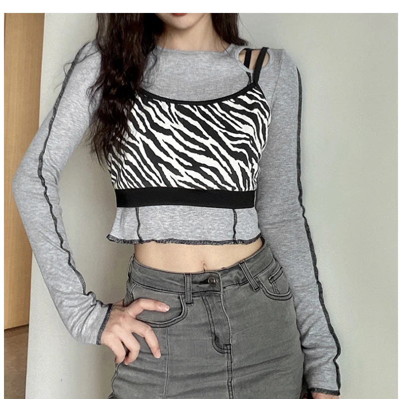 

Women fashion striped Yoga sport Pullover Top slim fitness fashion short long sleeve navel exposed fake two running tight T-shit