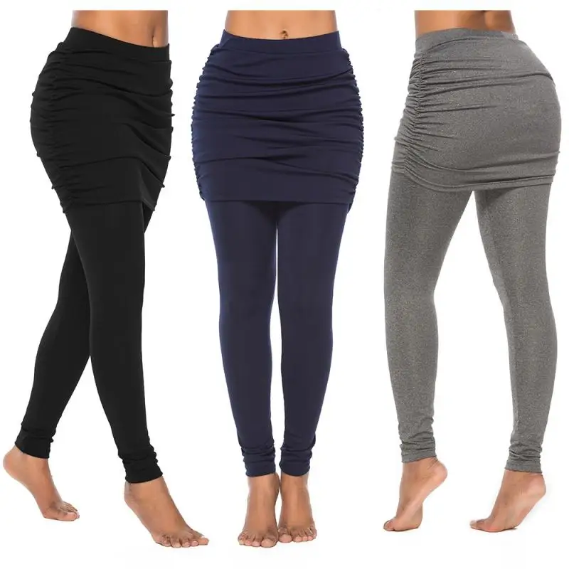 

New Running Pants Fashion Women Wrap Folding Hip Side Pleated Skirt Fake Two Pieces Slim Sexy Skirted Leggings High Waist Pants