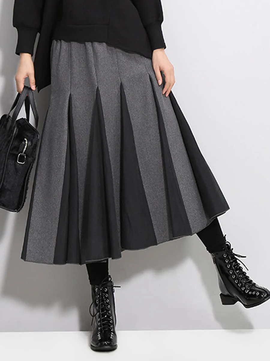 Осенняя шерстяная длинная юбка Женская Корейская зимняя теплая плиссированная черная белая Лоскутная полосатая офисная элегантная юбка с высокой талией Harajuku
