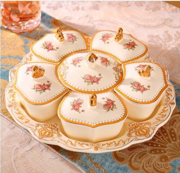 Rose flat flower Фарфор Европейский дворец Фруктовая тарелка фрукты тарелка стеллаж фрукты сухофрукты коробка здоровая гостиная фрукты семья вечерние Рождество mu - Цвет: Rose flat flower