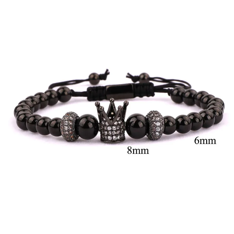 3PC/SET Men Jewelry Bracelet Set CZ Pave Crown Charm Bracelet Stainless Steel Bangle Beaded Macrame Bracelet - Image 4
