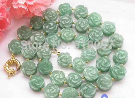 free HH#S1050 18" 14mm Hand-carved flower green stone bead necklace