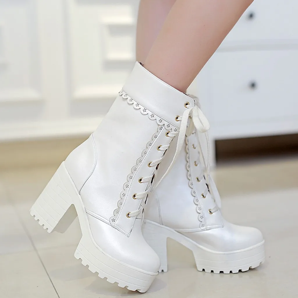 

Lace Tie high heel sweet platform short boots bandage Fashion wild student snow boots winter short Lace-up boots women 2019