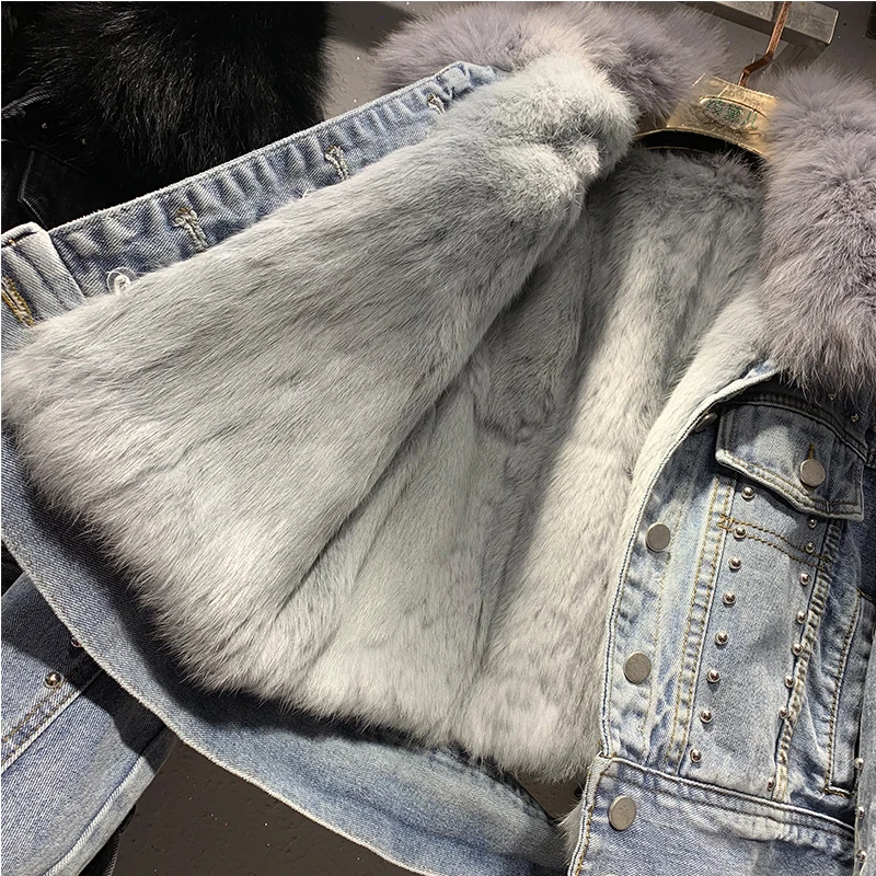 

Casaco Rivet Pockets Rushed Bomber 2019 Winter New Folder Gram Thick Velvet Rex Rabbit Wool Liner Genuine Fox Fur Collar Women