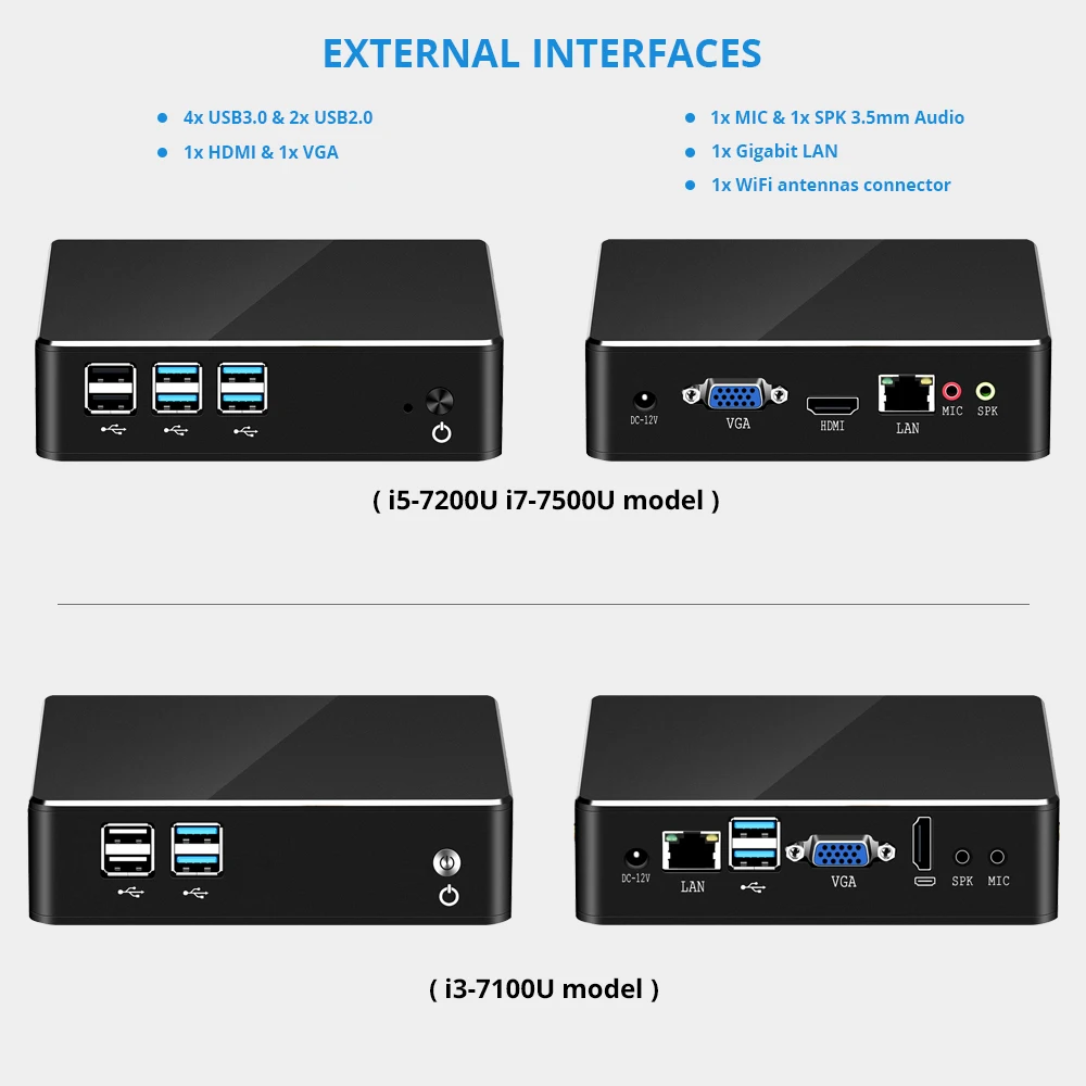 XCY Мини ПК Intel Core i7 7500U i5 7200U i3 7100U Windows 10 8 ГБ ОЗУ 480 ГБ SSD 4K UHD HDMI VGA 300 м WiFi гигабитный Ethernet