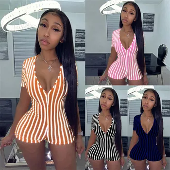 

Women Striped Short Sleeve Zipper Bodycons Playsuit Jumpsuit Club streetwear Clubwear Holes Cut Out Fitness Sports Bodysuit