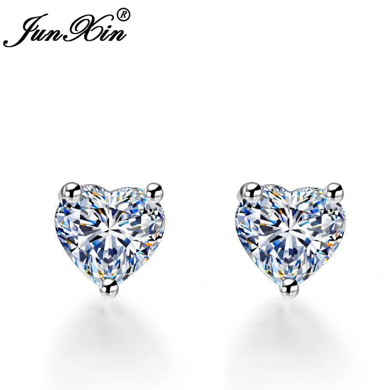 Girls Cute Heart Stud Earrings For Women White Gold Color Brilliant White Zircon Blue Purple Austrian Crystal Wedding Studs Cz