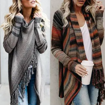 

Autumn Winter Women Stripe Poncho Tassels Shawl Loose Sweater Cardigan Coat