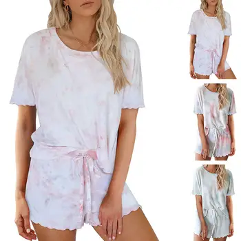 

Women Female Ladies Casual Short-Sleeve T-Shirt Short Pants Two-Piece Pajamas Set Loungewear Sleepwear Nightwear Outfits