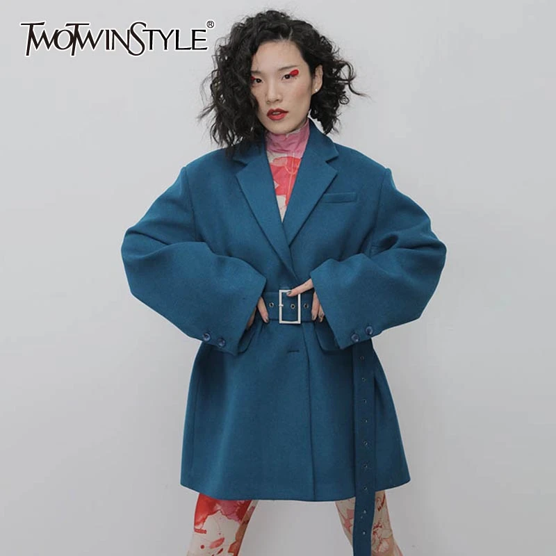 

TWOTWINSTYLE Casual Loose Woolen Women's Blazers Notched Long Sleeve Hig Waist With Sashes Suits For Female Fashion Clothing New
