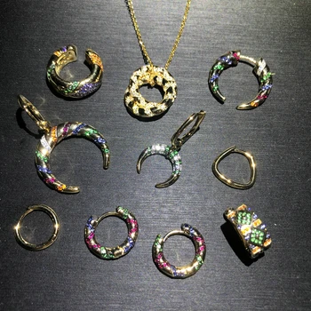 

S925 Sterling Silver Colorful tribal geometry crescent Ring Bracelet Necklace Earrings female silver jewelry