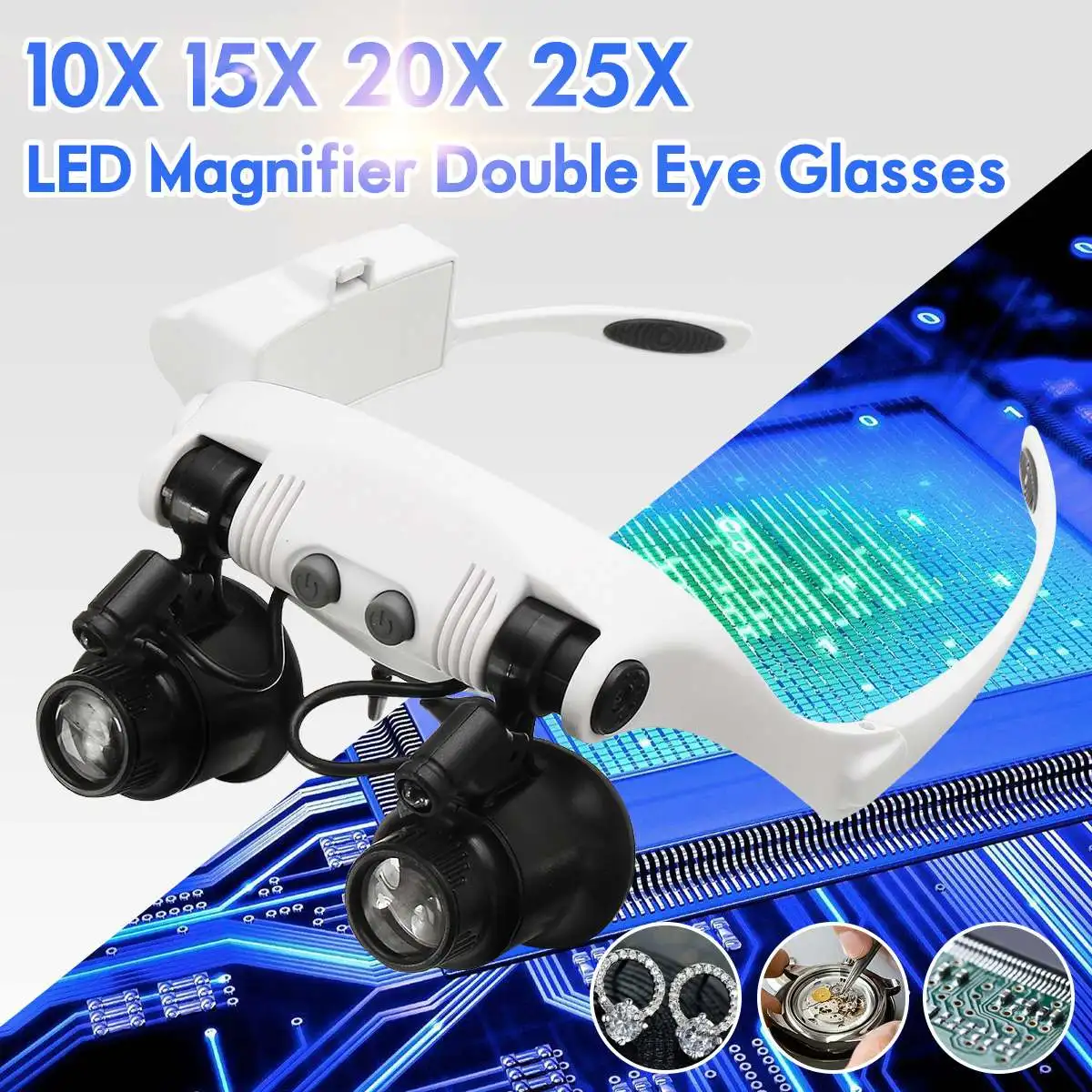10X 15X 20X 25X LED Lupa Doble Ojo Gafas Lupa Lente Joyero Reloj Reparación Medición con 8 Lentes LED Lámpara 1