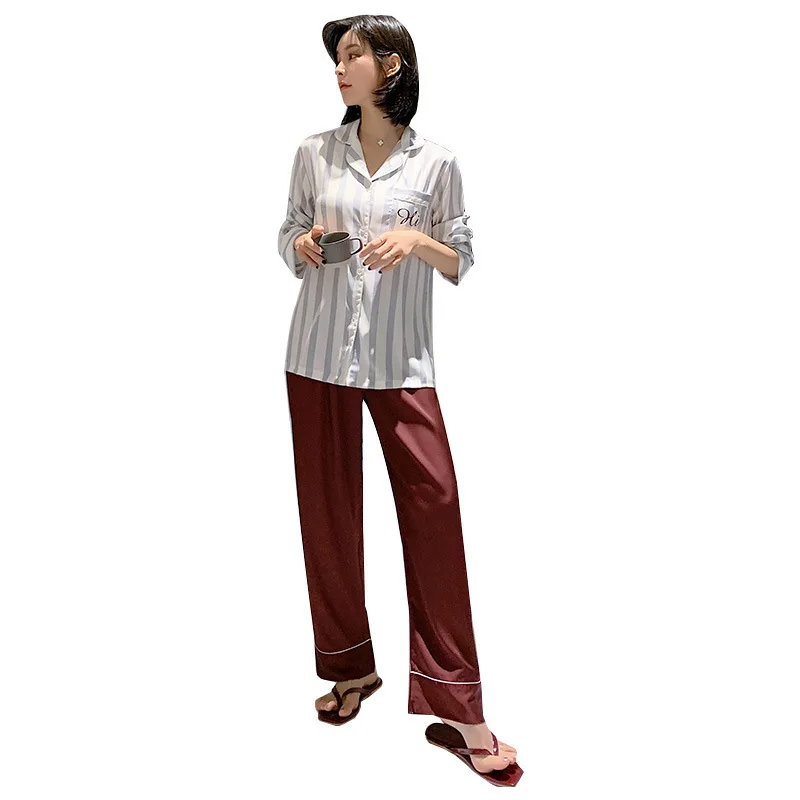 

Long Sleeve Ice Silk pajamas Women Spring And Autumn Fashion Cardigan Home Service Striped Casual Satin Thin Section Suit