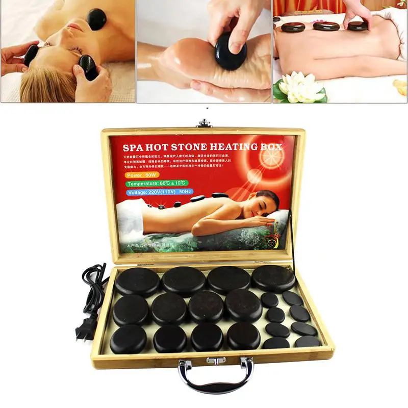 

20Pcs Natural Energy Hot Stone Set Massage Stone Bamboo Plug-in Heating Box Heating Pot Kit Spa Rock Basalt Beauty Relaxation