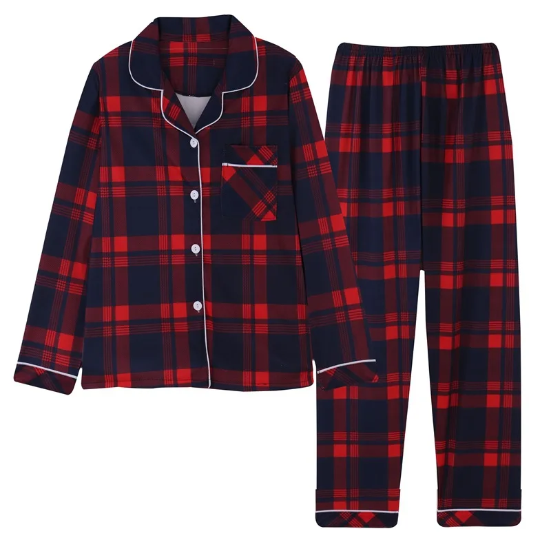2021 Spring Plaid Two-piece Home Suit for Women Viscose Long-sleeved Lapel Pants Pajamas Women Summer Pyjamas Femme Home Clothes