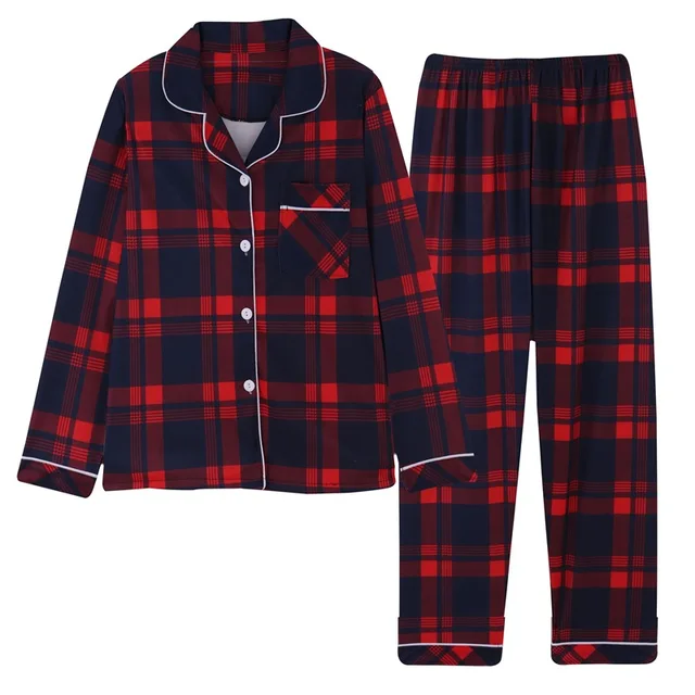 2021 Spring Plaid Two-piece Home Suit for Women Viscose Long-sleeved Lapel Pants Pajamas Women Summer Pyjamas Femme Home Clothes 701-1