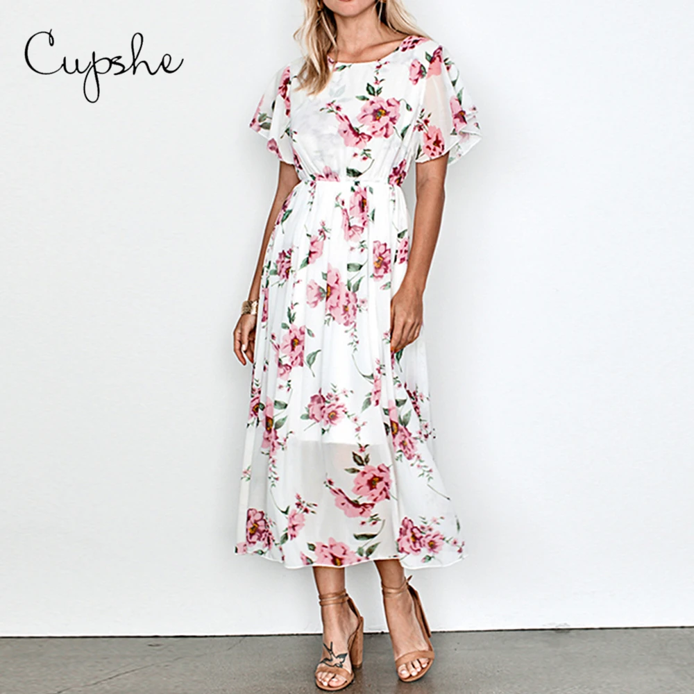 Женское длинное платье макси CUPSHE белое и розовое Цветочное с коротким рукавом