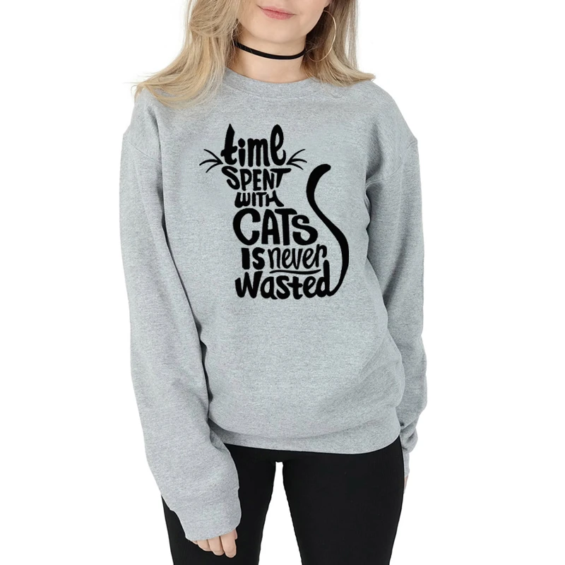 

Time spent with cat is never wasted sweatshirt women fashion big cat lover graphic funny young sreet pullovers cute tops- L363