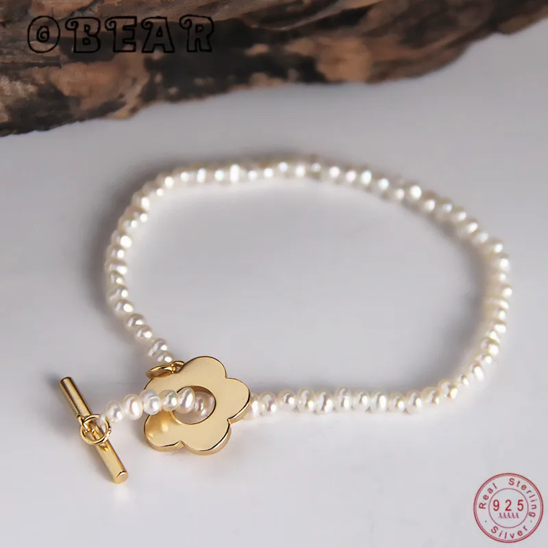 

OBEAR925 Sterling Silver Natural Freshwater Pearl Flower Choker Bracelet O T Button Bracelet for Women Luxury Party Jewelry