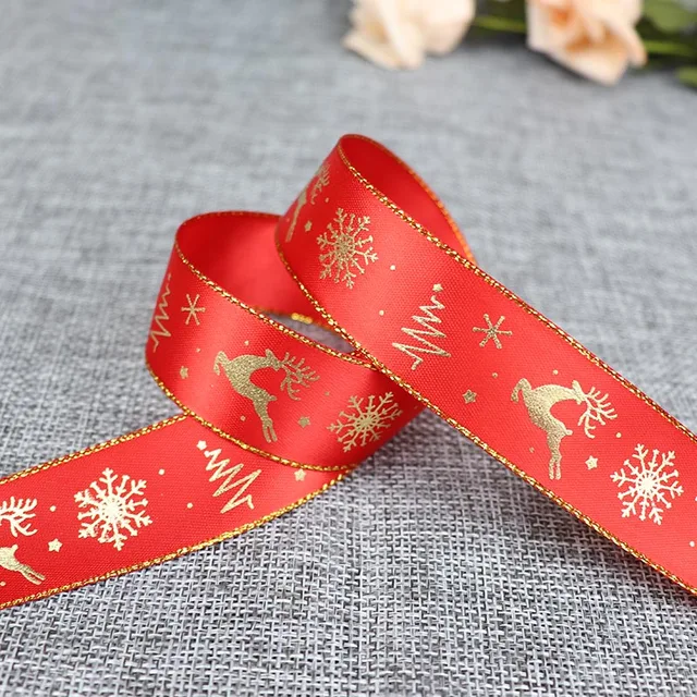 5 Yards 25mm Bronzing Christmas Ribbon Printed Polyester Ribbon For Christmas Decoration Gift Wrapping DIY Sewing Fabric E4 Red