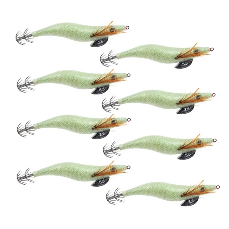 

8Pcs 2.5# 3.0# 3.5# Squid Jig Hook Wooden Shrimp Fishing Lures Squid jig Rattle Bait Wood Artificial Luminous Jigging Lure