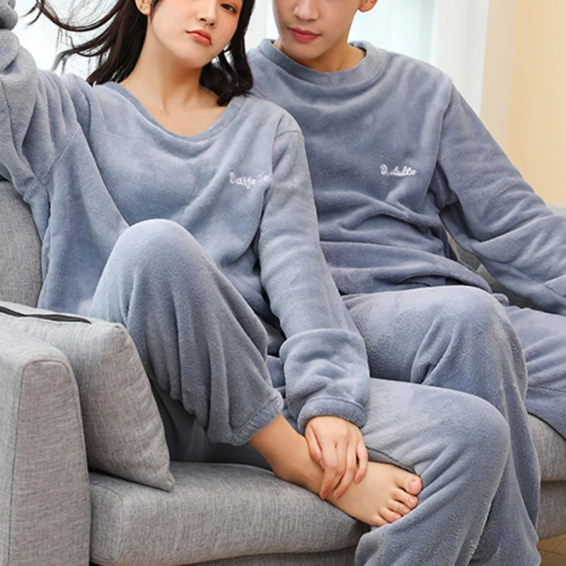 2021 New Home Pajamas For Couples Set Thick Warm Coral Fleece Homewear Winter Lounge Soft Loose Pajamas Women Home Clothes Suits white cotton pyjamas