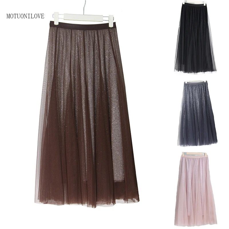 

Vintage Pleated Boho Maxi Long Casual Beach Skirt Elastic High Waist Long Skirt Mesh Tutu Sping Summer Women Shinny Tulle Skirts