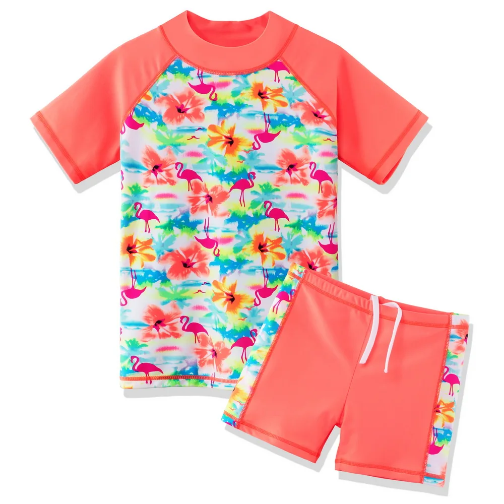 BAOHULU 3-10 Years Children Swimsuit Two Pieces Orange Flower Birds Pattern Short Sleeve Beach Wear UV Protection Swimwear | Спорт и