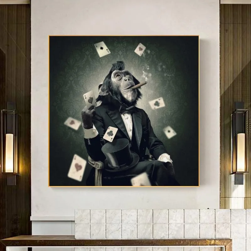 

Smoking Monkey Canvas Paintings on The Wall Cool Animals Ape Playing Cards Posters and Prints Wall Pictures for Home Decoration
