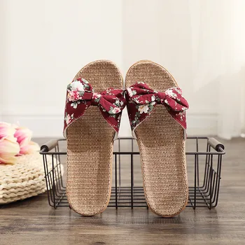 

Women Flat Slides slipper Bowknot Flax Linen Flip Flops Female Beach Shoes Sandals Ladies casual Cushioned Slippers Shoes #40