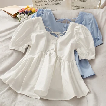 

French minority low collar open collarbone beautiful back bubble sleeve shirt for women
