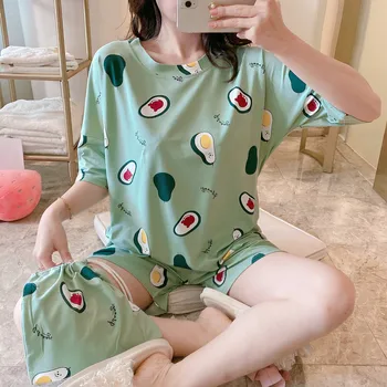 

Summer short-sleeved thin three-piece suit ladies pajamas cartoon knitted loose bag girl home service suit pink pyjamas women