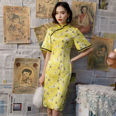 Sheng Coco женские желтые шелковые платья Чонсам Qipao Nigth вечерние кружевные платья с коротким рукавом в восточном стиле с цветочным принтом Qi Pao - Цвет: yellow short qipao