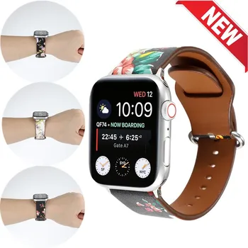 

Leather Bracelet For Apple Watch 5 4 3 2 1 Floral Printed Replacement strap 38 42mm smart Accessories for iwatch series 44 40mm