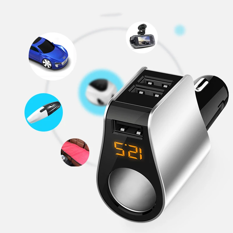 Car Cigarette Lighter 3 USB Car Charger With Digital Display Fast Charging For Mobile Phone Adapter