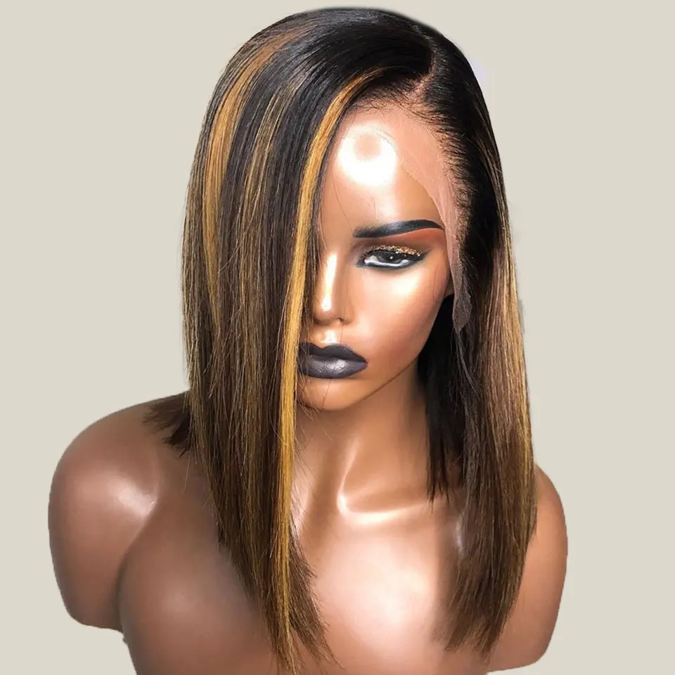 Side Part 150% плотность медовый блондин короткий Боб Кружева передние парики Омбре Выделите 1B 27 бразильские Remy кружевные передние человеческие волосы парики для женщин - Цвет: Side Part