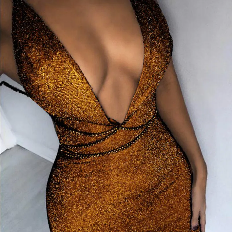 

2018 Summer Halter Sequin Bodycon Women Dress Sexy Deep V Neck Backless Paillette Night Club Party Dresses Vestidos