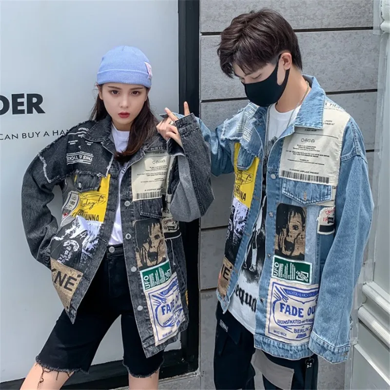 Denim jacket couple models ins womens spring and autumn personality patch  jacket bf punk jacket wild Hong Kong taste