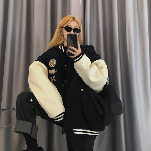 Contrasting Color Stitching Baseball Uniform Women Couple Students 2021 Spring Autumn New Retro Jacket Corduroy Coat Tide 31 Black thick