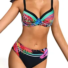 Yaprak baskılı mayo kadınlar Bandeau mayo düz renk sapanlar Bikini çift kayış yüksek bel bölünmüş mayo Купальник @ 40