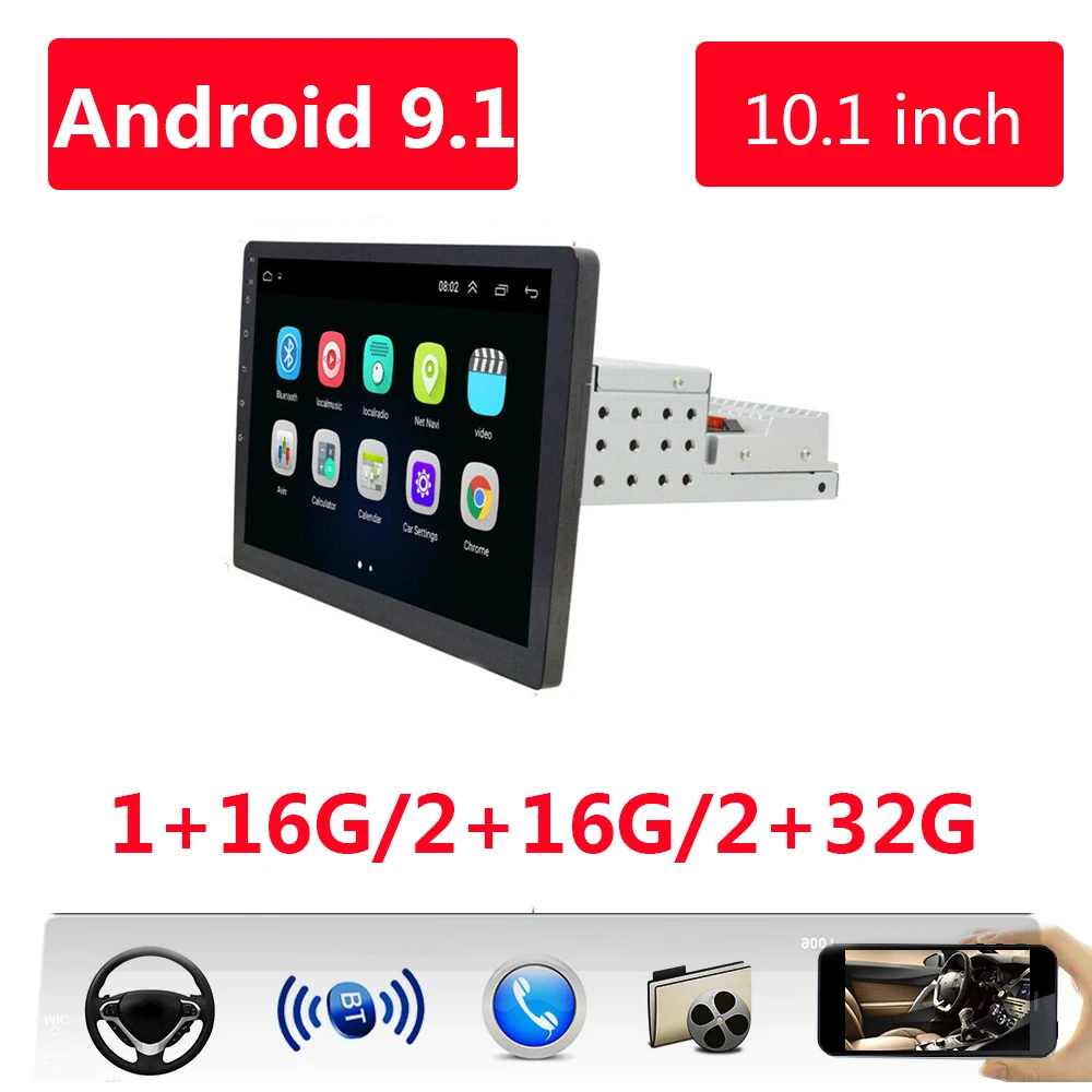 1 Din 10.1 inch Android 9.1 Car Radio Single DIN Audio Universal Car Multimedia Player GPS Navigation Wifi Mirror Link