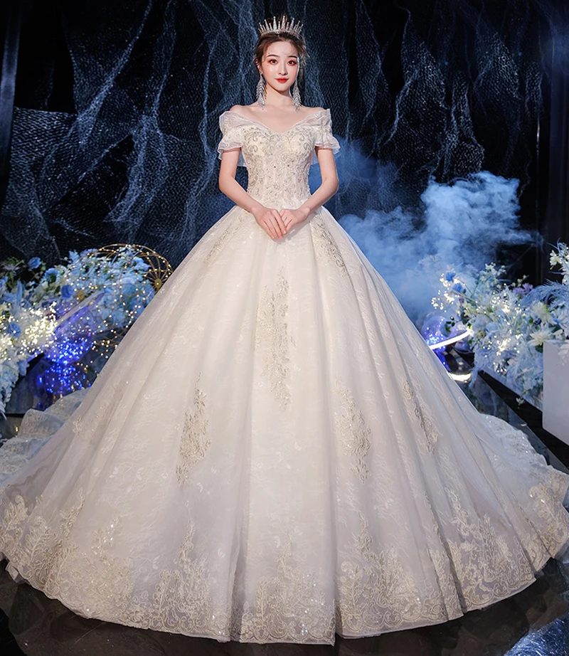 

Embroidery Beading Pearls Appliques Lace Illusion Princess Ball Gown Wedding Dress Boat Neck Vestido De Noiva Princesa