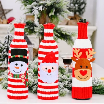 

Christmas Decoration Creative Home Classic Red White Stripe Wine Bottle Cover Santa Claus Elk Champagne Bottle Cover