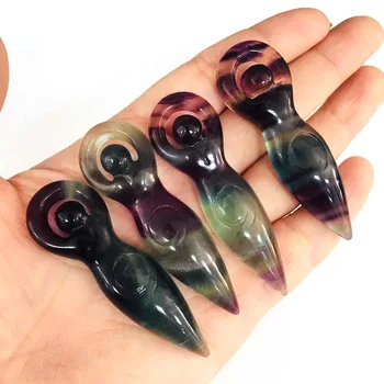 

1pc Natural Rainbow Fluorite Crystal Hand Carved Angel Goddess Figurine Wand Point Wicca Healing Stone Home Decor Collection XY