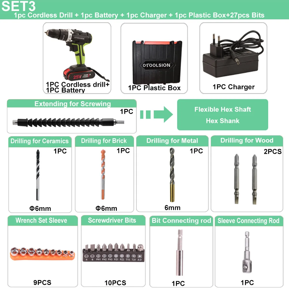 25V 48N.m Impact Battery Drill Cordless Screwdriver Power Tools Impact Electric Screwdriver Electric Impact Drills+27 Pcs Parts - Цвет: SET3 (1 pc battery)