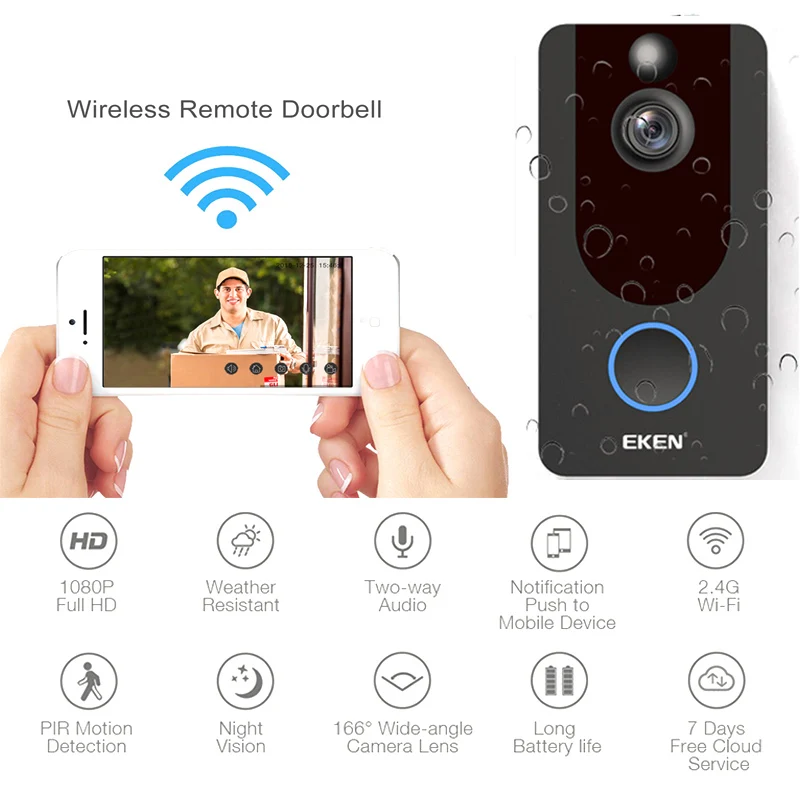 Eken V7 черный 1080P wifi дверной Звонок IP умный беспроводной безопасности пихта детектор движения сигнализация Облачное хранилище дверной звонок, камера